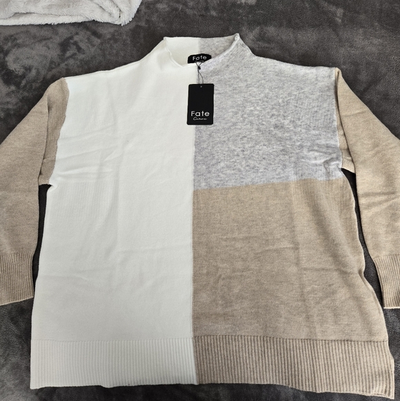 Fate Sweaters - Fate Mock Neck Neutral Color Block Sweater 1X New
